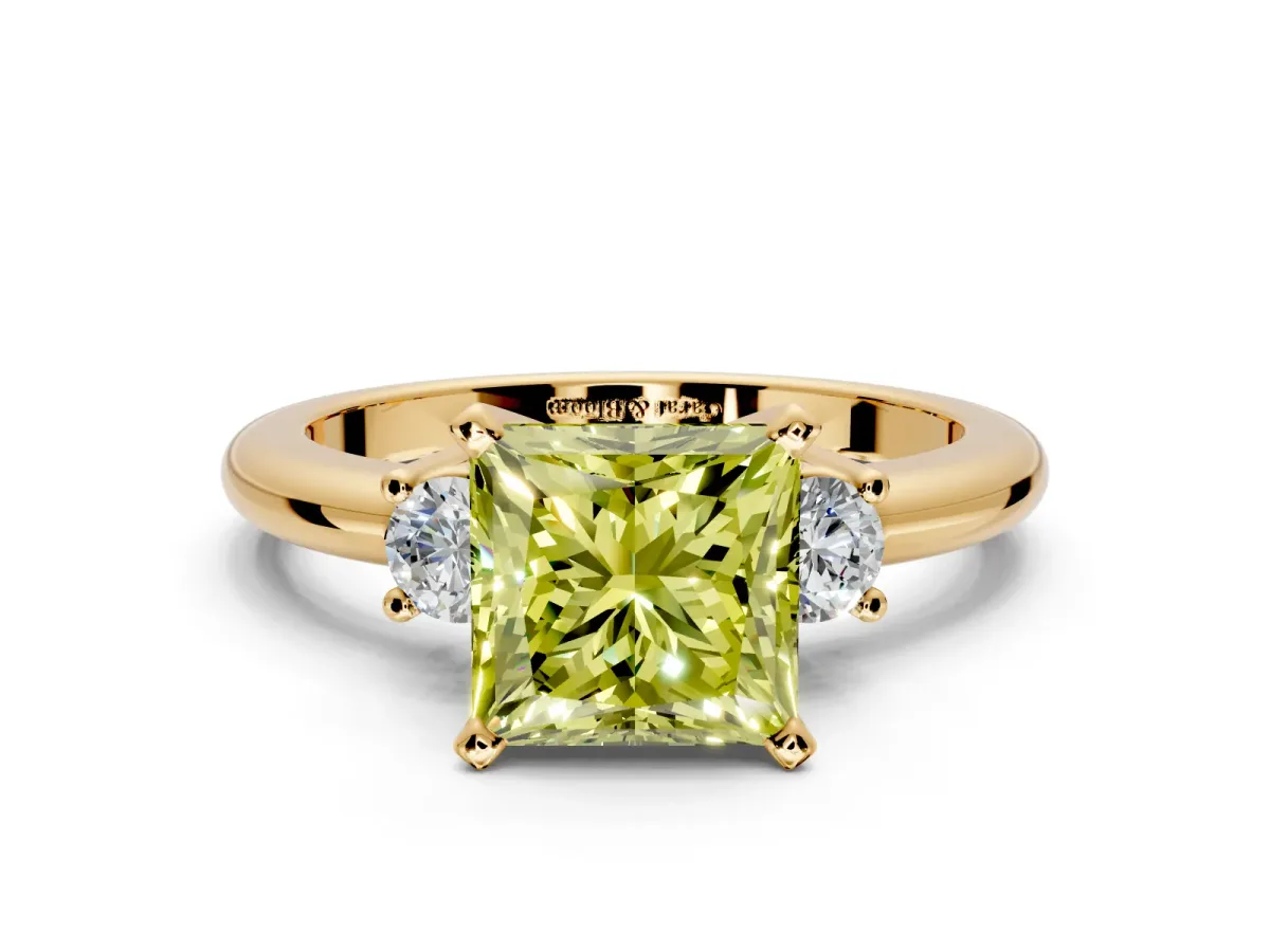 3 Stone Engagement Ring Setting for Fancy Yellow Princess Cut Center with Wide Plain Band and Prong Head in Yellow Gold