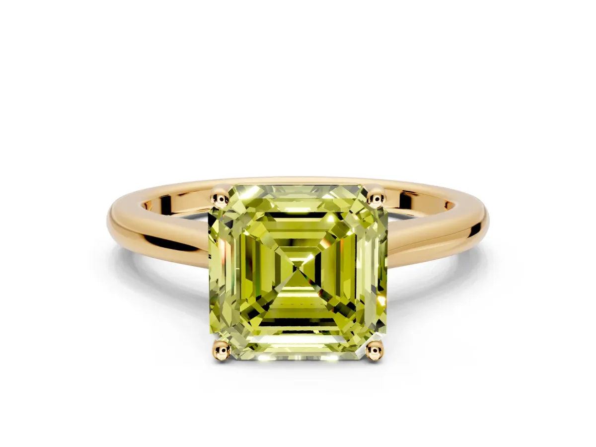 Solitaire Engagement Ring Setting for Fancy Yellow Asscher Cut Center with Narrow Cathedral Band and Prong Head in Yellow Gold