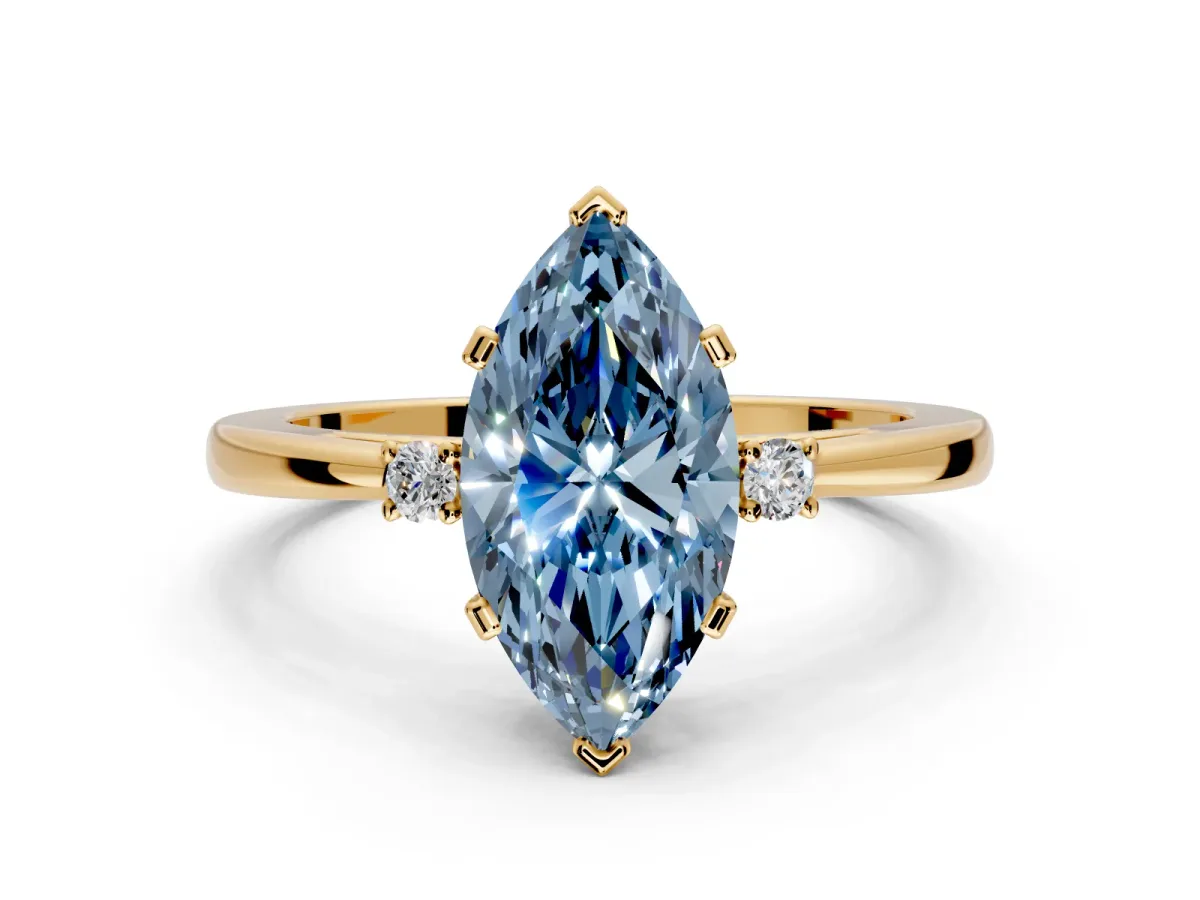 3 Stone Engagement Ring Setting for Fancy Blue Marquise Center with Low-Set Round Cut Accents and Prong Head in Yellow Gold