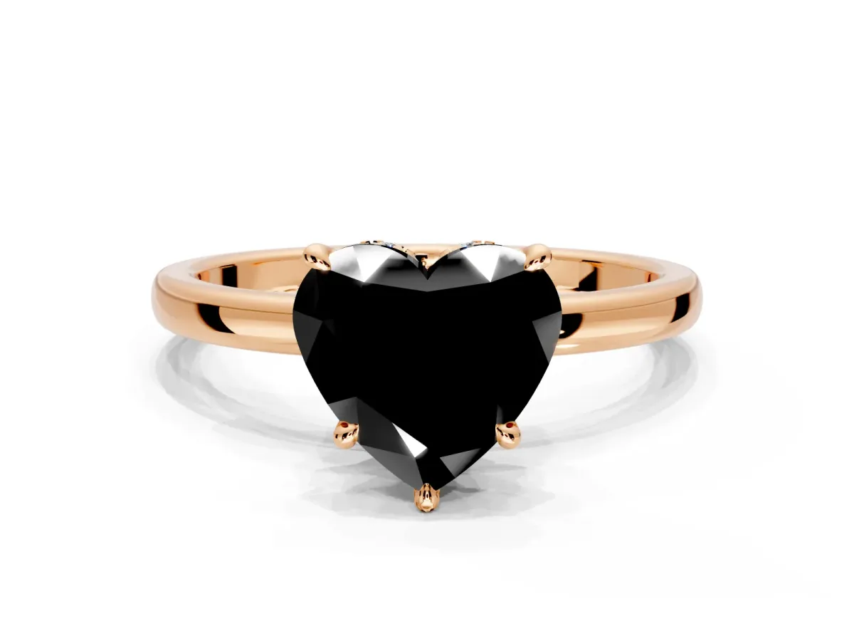 Hidden Halo Engagement Ring Setting for Fancy Black Heart-Shaped Center with Plain Band and Tall Prong Head in Rose Gold