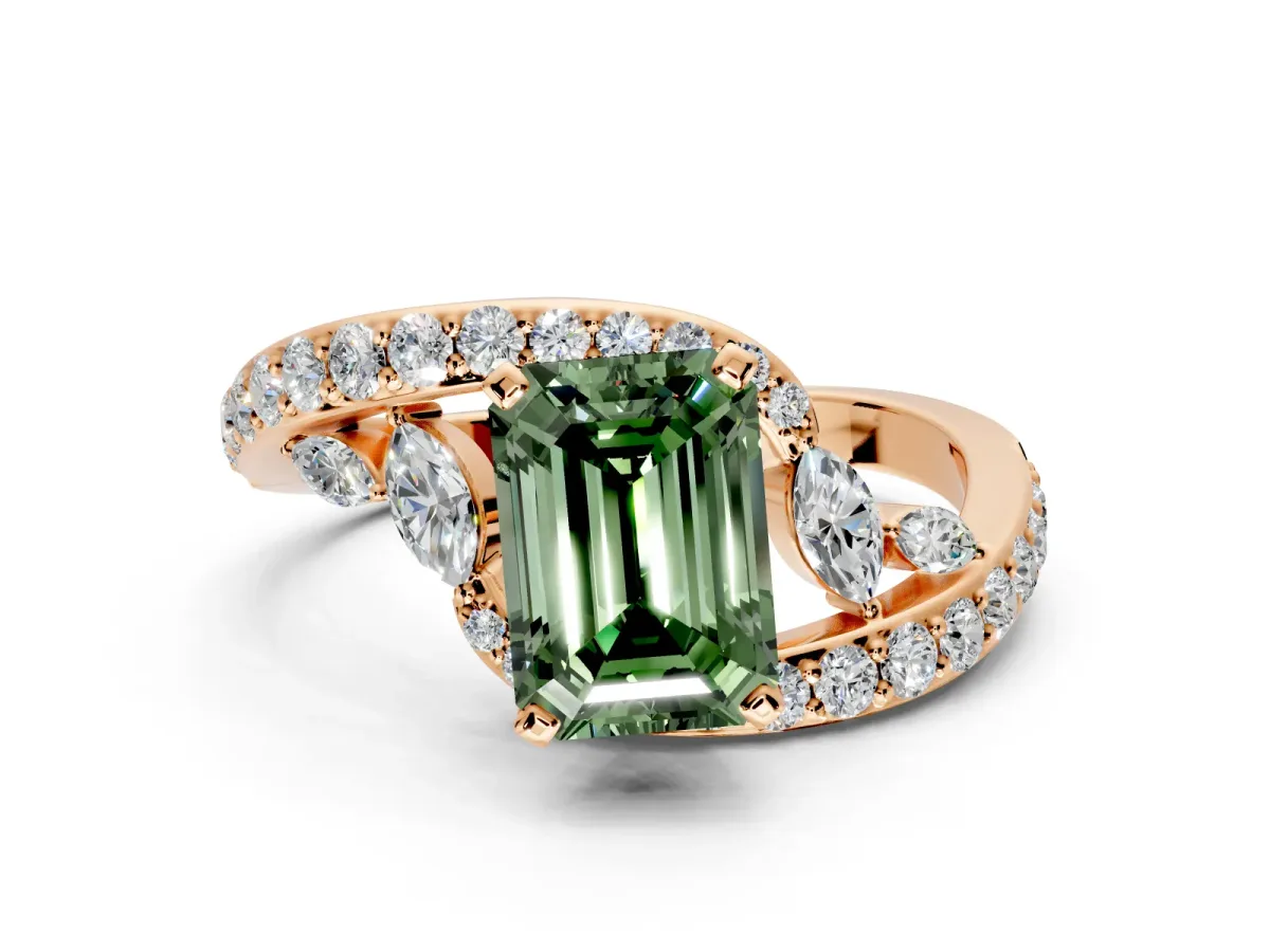 Solitaire Engagement Ring Setting for Fancy Green Emerald Cut Center with Pave Bypass Twist Band and Prong Head in Rose Gold