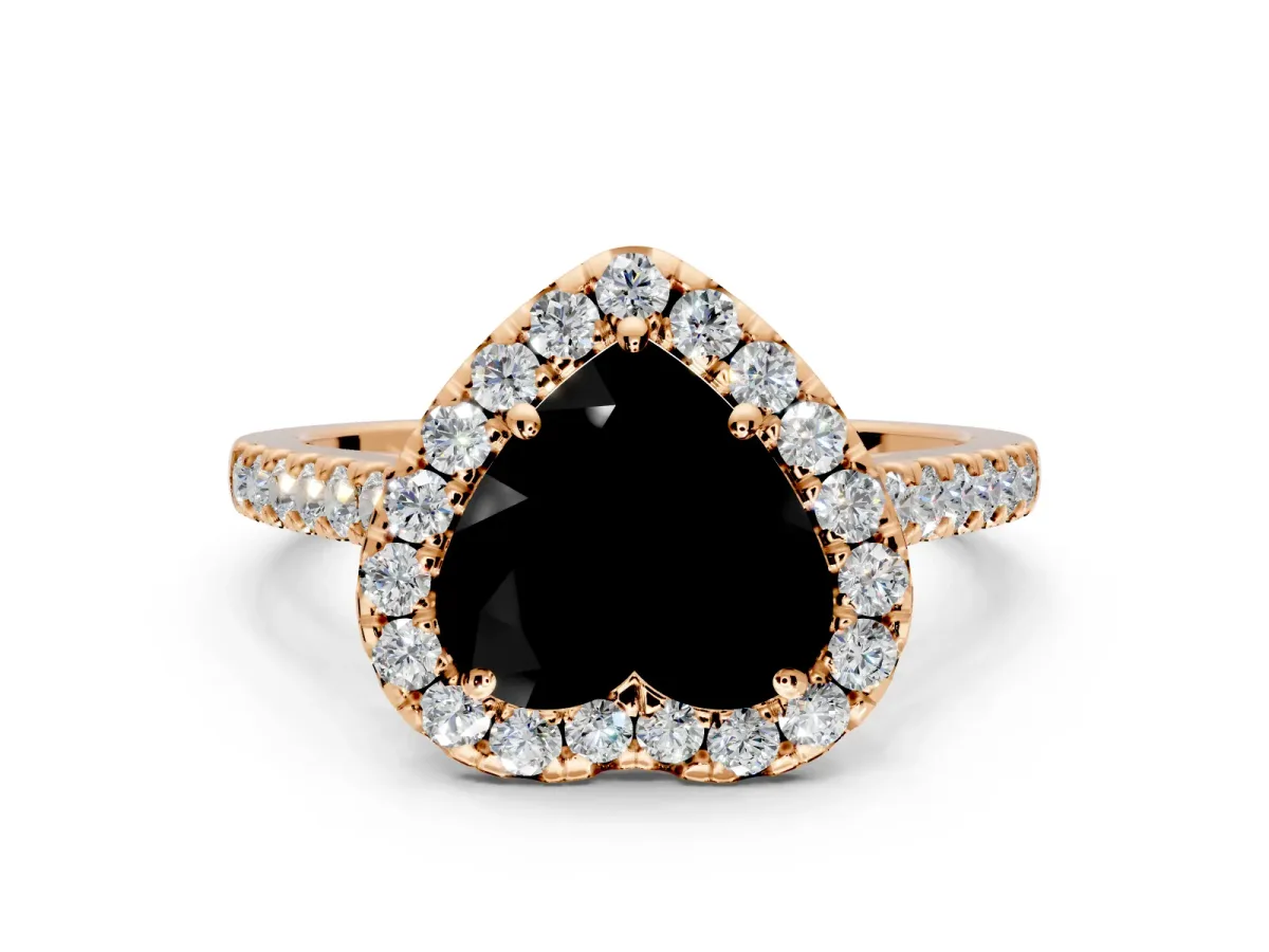 Halo Engagement Ring Setting for Fancy Black Heart-Shaped Center with Narrowing Pave Band and Prong Head in Rose Gold