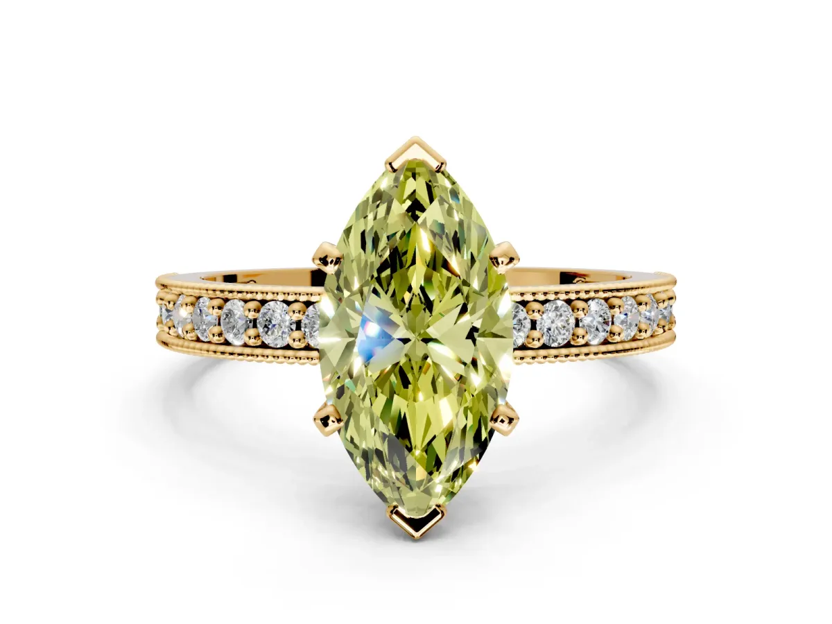 Milgrain Pave Engagement Ring Setting for Fancy Yellow Marquise Center with Accent Band and Prong Head in Yellow Gold