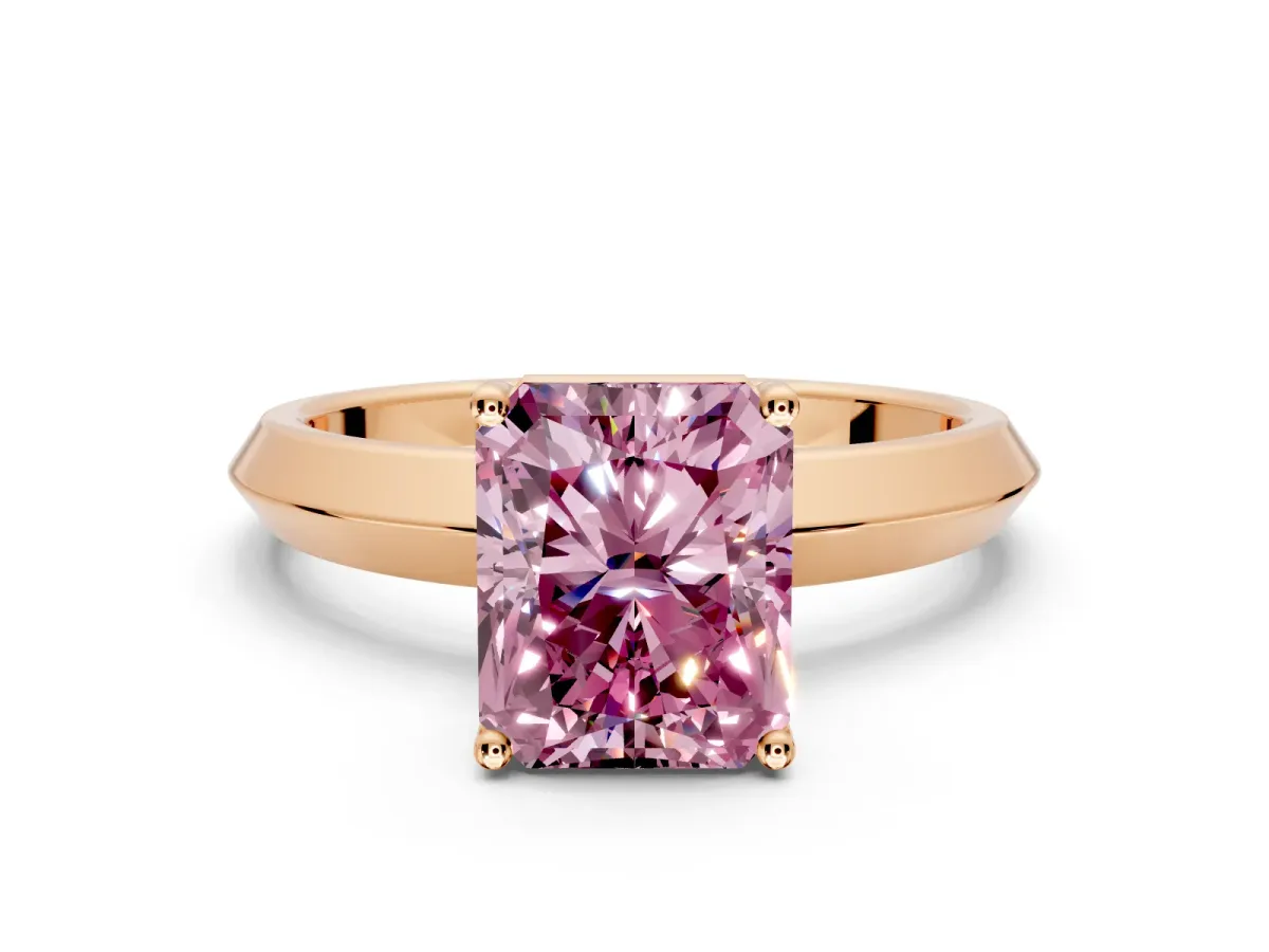 Solitaire Engagement Ring Setting for Fancy Pink Radiant Cut Center with Wide Knife Ridge Band and Prong Head in Rose Gold