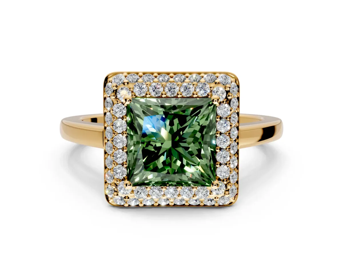Halo Engagement Ring Setting for Fancy Green Princess Cut Center with Plain Tapered Band and Prong Head in Yellow Gold