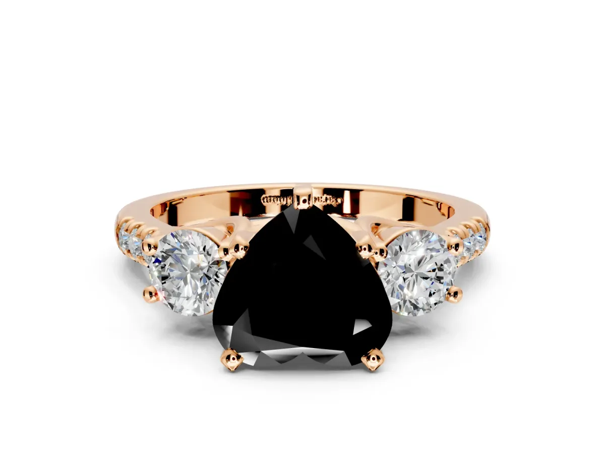 3 Stone Engagement Ring Setting for Fancy Black Heart-Shaped Center with Crossover Basket, Pave Band and Prong Head in Rose Gold