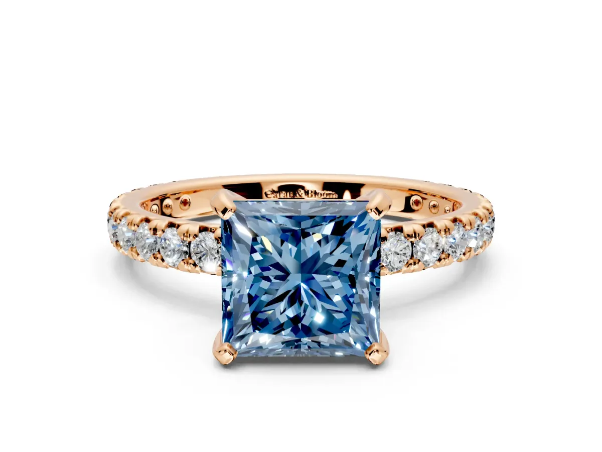 Solitaire Engagement Ring Setting for Fancy Blue Princess Cut Center with Shared-Prong Accents and Prong Head in Rose Gold