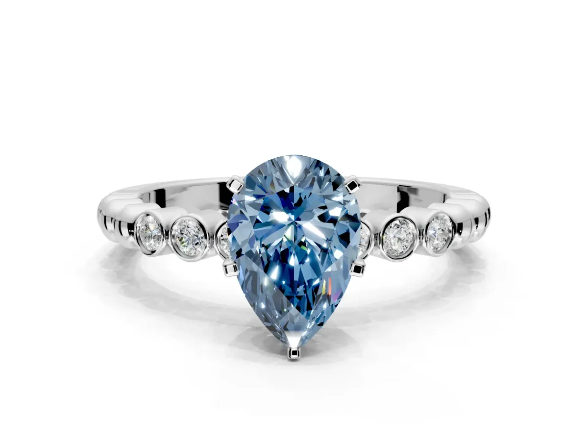 Solitaire Engagement Ring Setting for Fancy Blue Pear-Shaped Center with Bezel-Dot Beaded Band and Prong Head in Platinum
