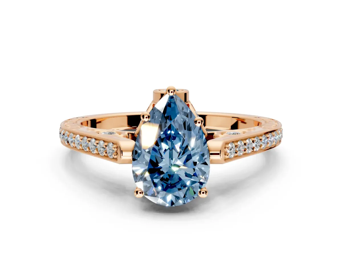 Cathedral Engagement Ring Setting for Fancy Blue Pear-Shaped Center with Antique-Style Pave Band and Prong Head in Rose Gold