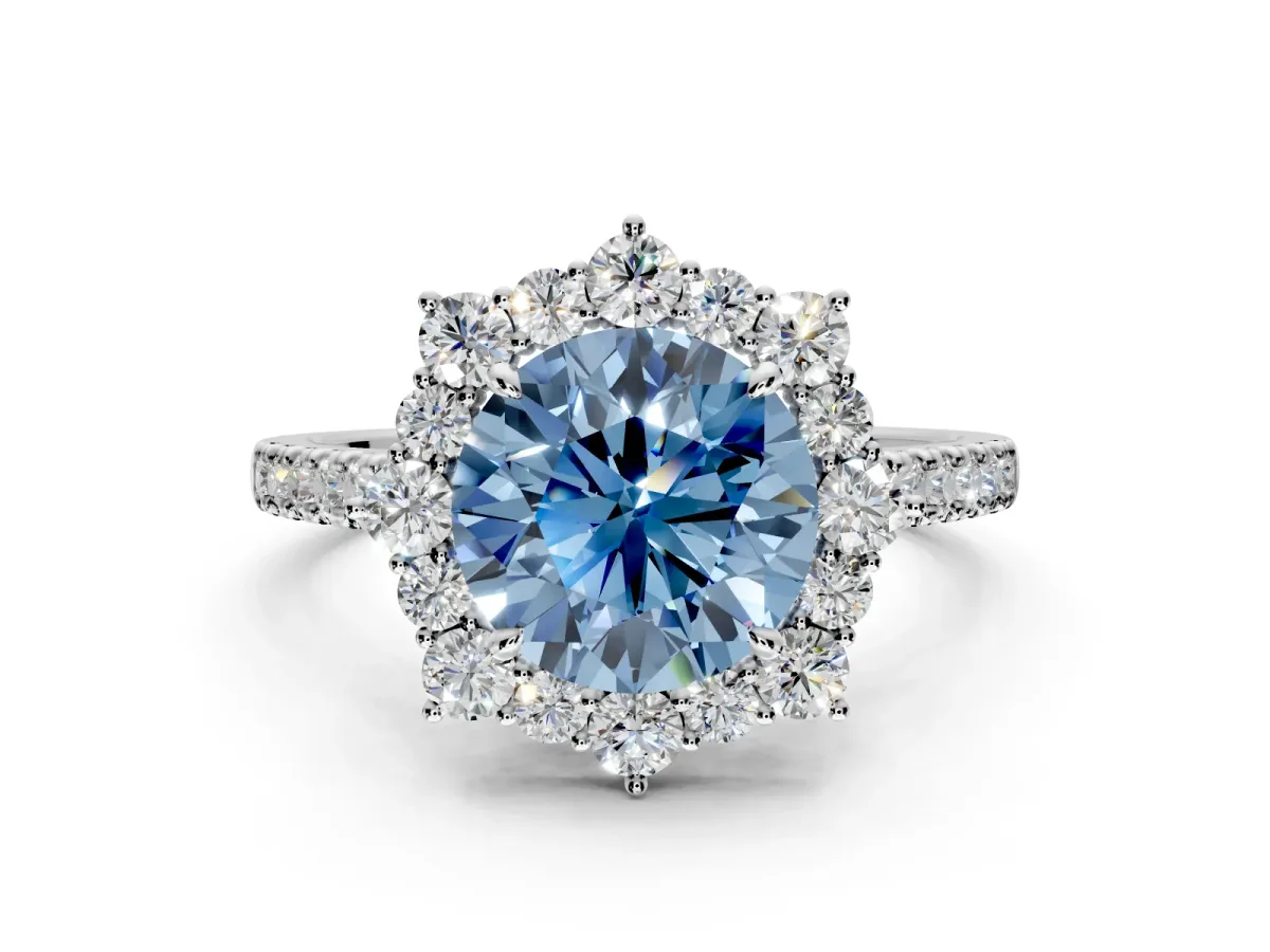 Halo Engagement Ring Setting for Fancy Blue Round Cut Center with Single-Row Pave, Open Basket and Prong Head in Platinum