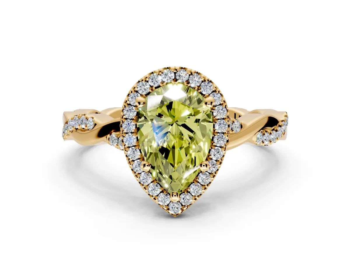 Halo Engagement Ring Setting for Fancy Yellow Pear-Shaped Center with Pave and Plain Twist Band and Prong Head in Yellow Gold