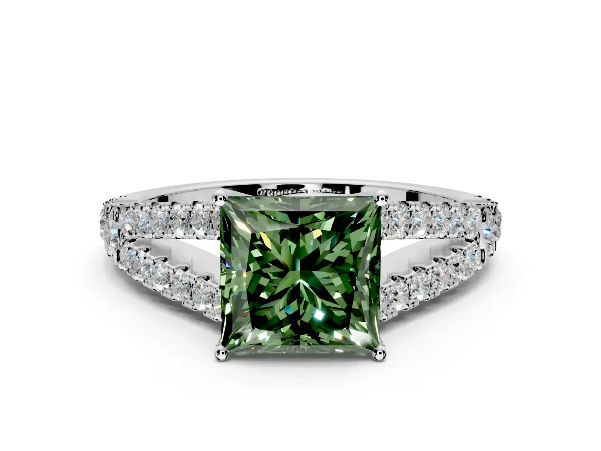Solitaire Engagement Ring Setting for Fancy Green Princess Cut Center with Pave Split Shank and Prong Head in White Gold