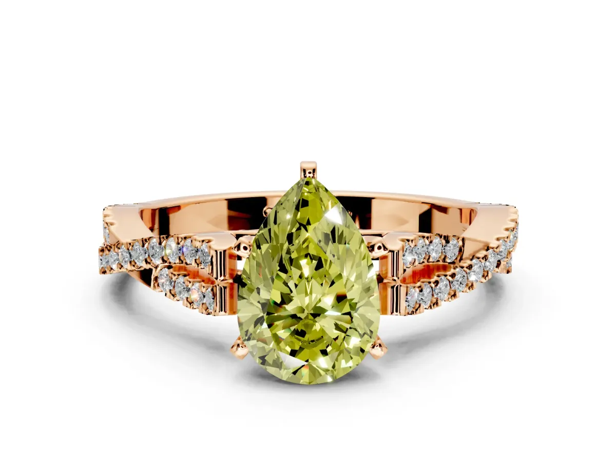 Solitaire Engagement Ring Setting for Fancy Yellow Pear-Shaped Center with Twisted Pave Split Shank and Prong Head in Rose Gold