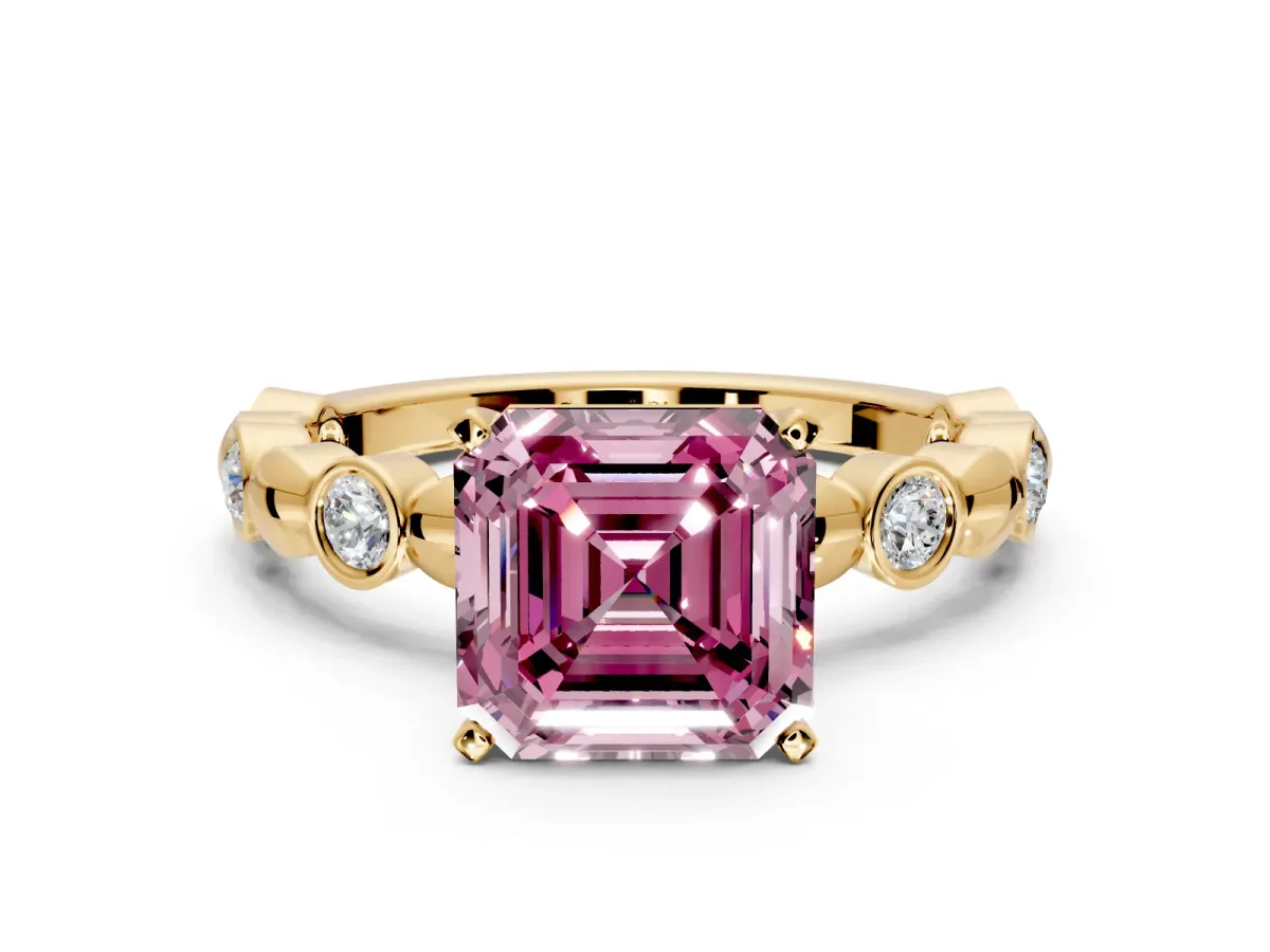 Solitaire Engagement Ring Setting for Fancy Pink Asscher Cut Center with Beaded Bezel Station Band and Prong Head in Yellow Gold