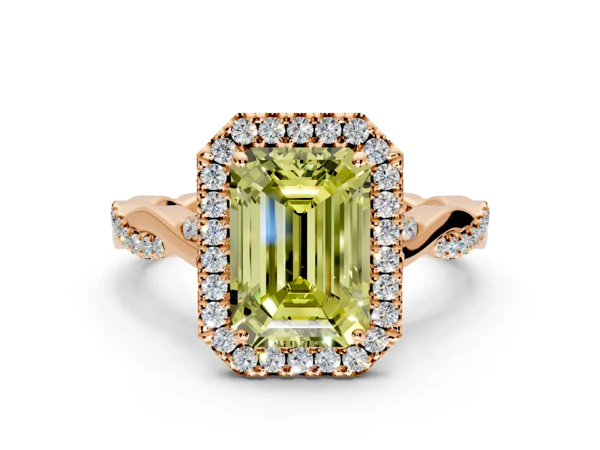Halo Engagement Ring Setting for Fancy Yellow Emerald Cut Center with Twist Band and Prong Head in Rose Gold