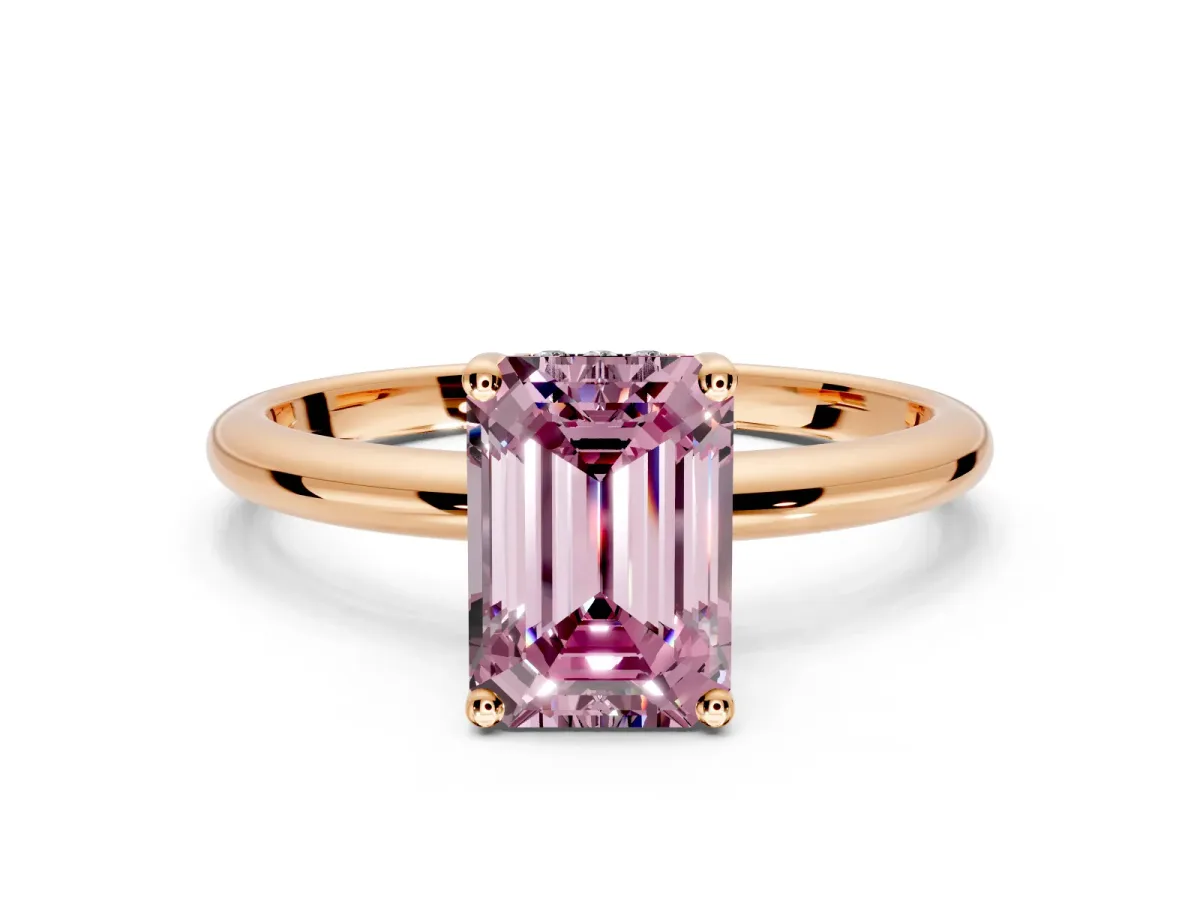 Hidden Halo Engagement Ring Setting for Fancy Pink Emerald Cut Center with Thin Round-Wire Band and Prong Head in Rose Gold