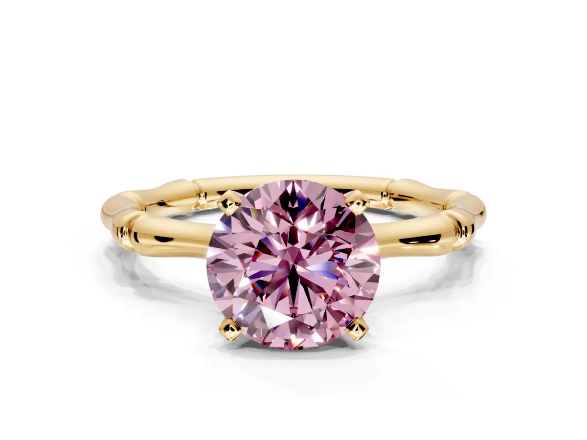 Solitaire Engagement Ring Setting for Fancy Pink Round Cut Center with Bamboo Band and Prong Head in Yellow Gold