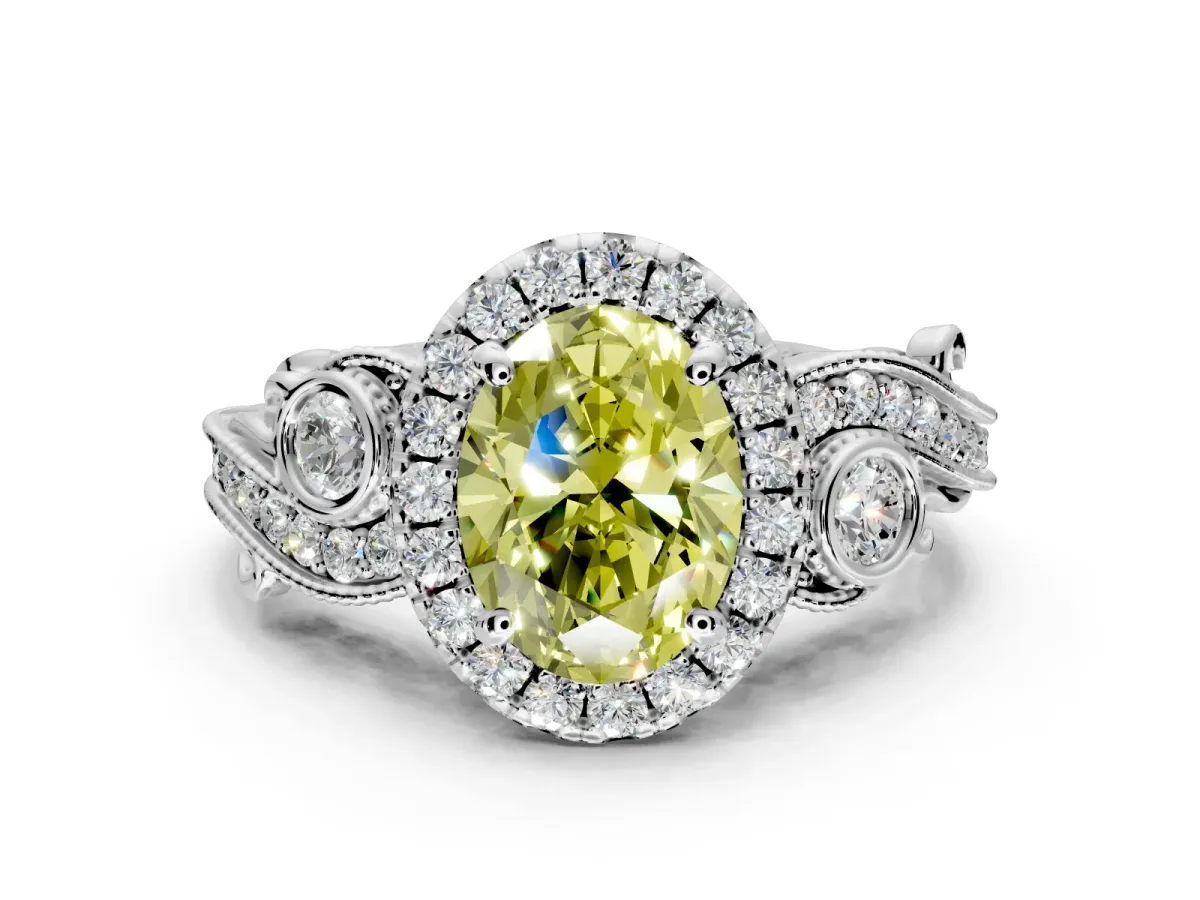 Milgrain Halo Engagement Ring Setting for Fancy Yellow Oval Center with Shoulder Bezels and Prong Head in White Gold