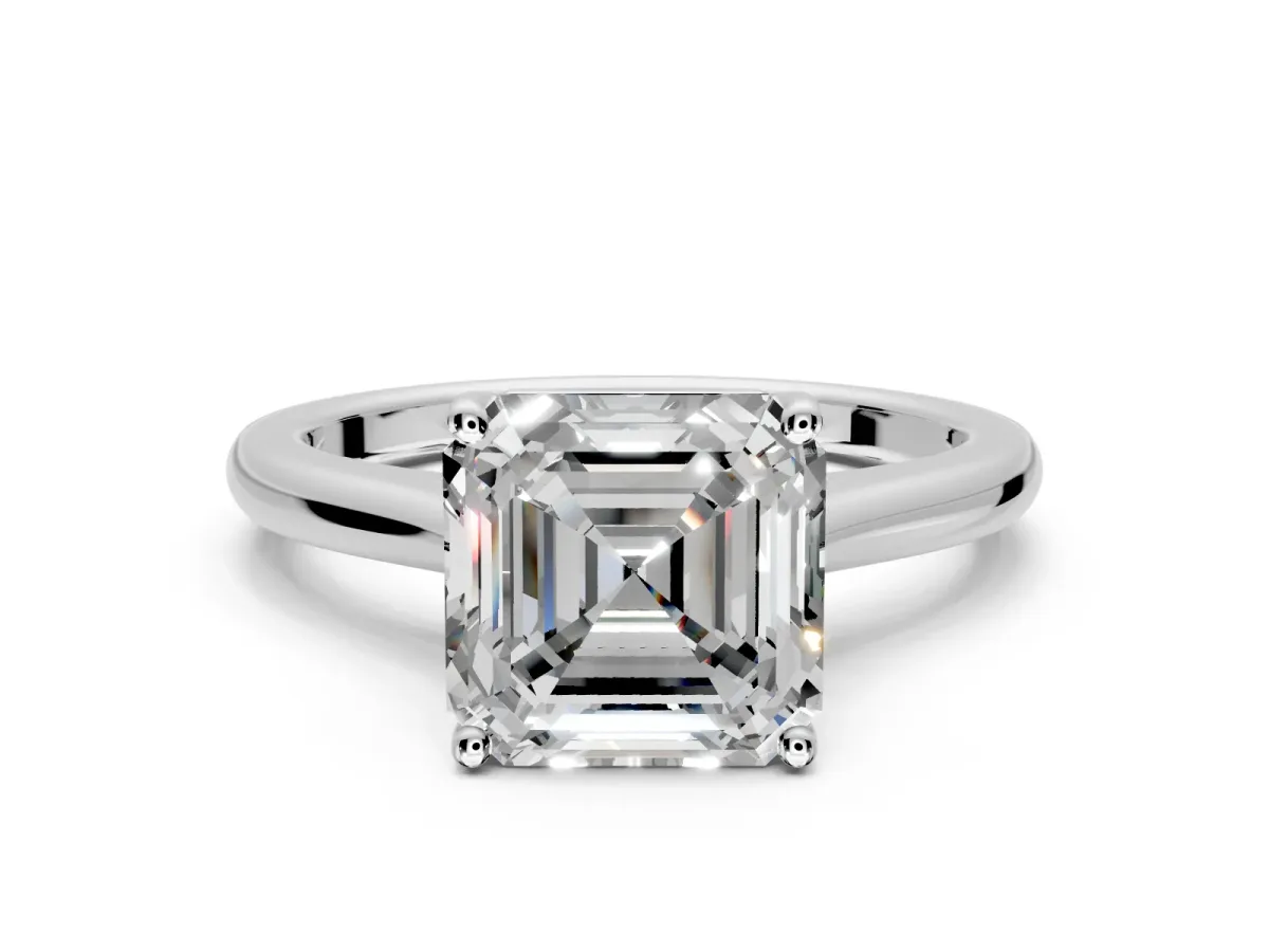 Solitaire Engagement Ring Setting for Asscher Cut Center with Narrow Cathedral Band and Prong Head in Platinum