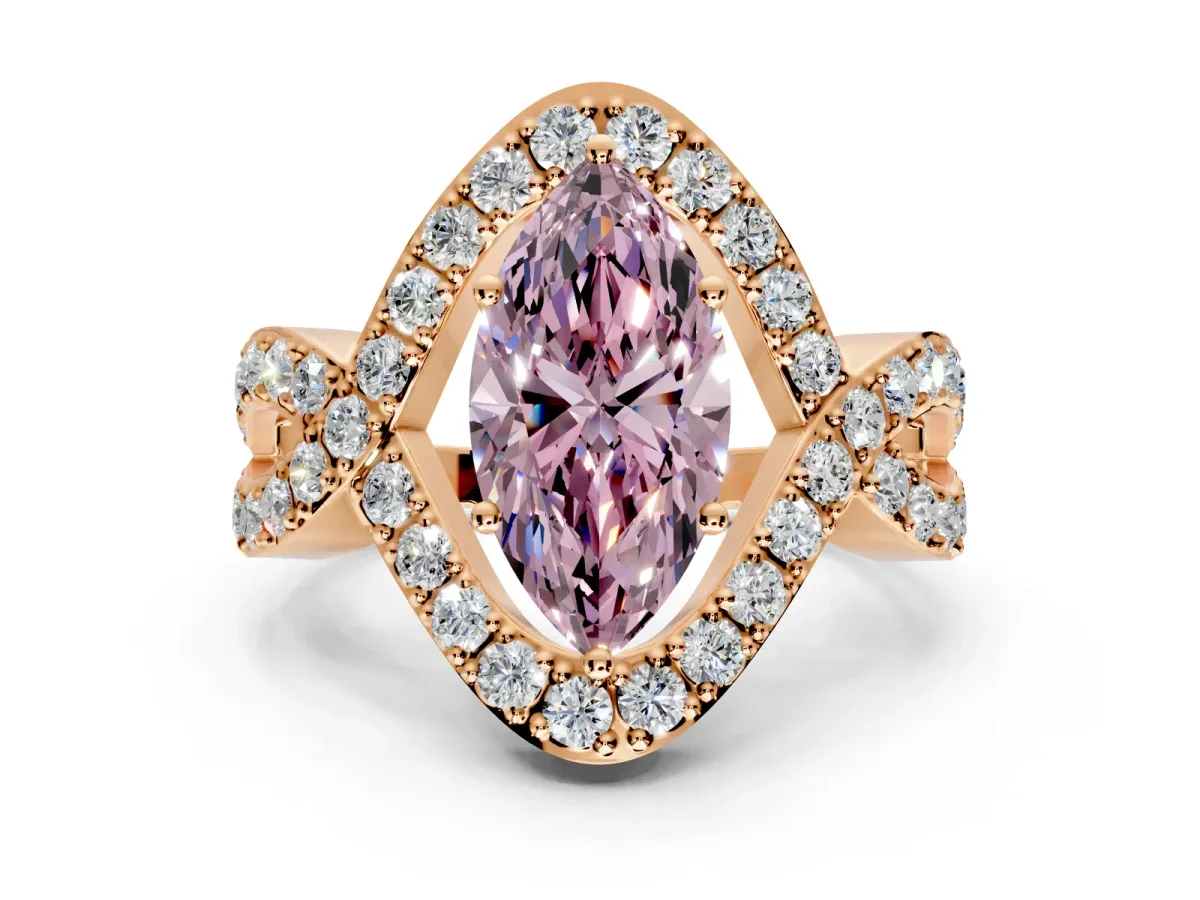 Halo Engagement Ring Setting for Fancy Pink Marquise Center with Pave Infinity Twist Band and Prong Head in Rose Gold