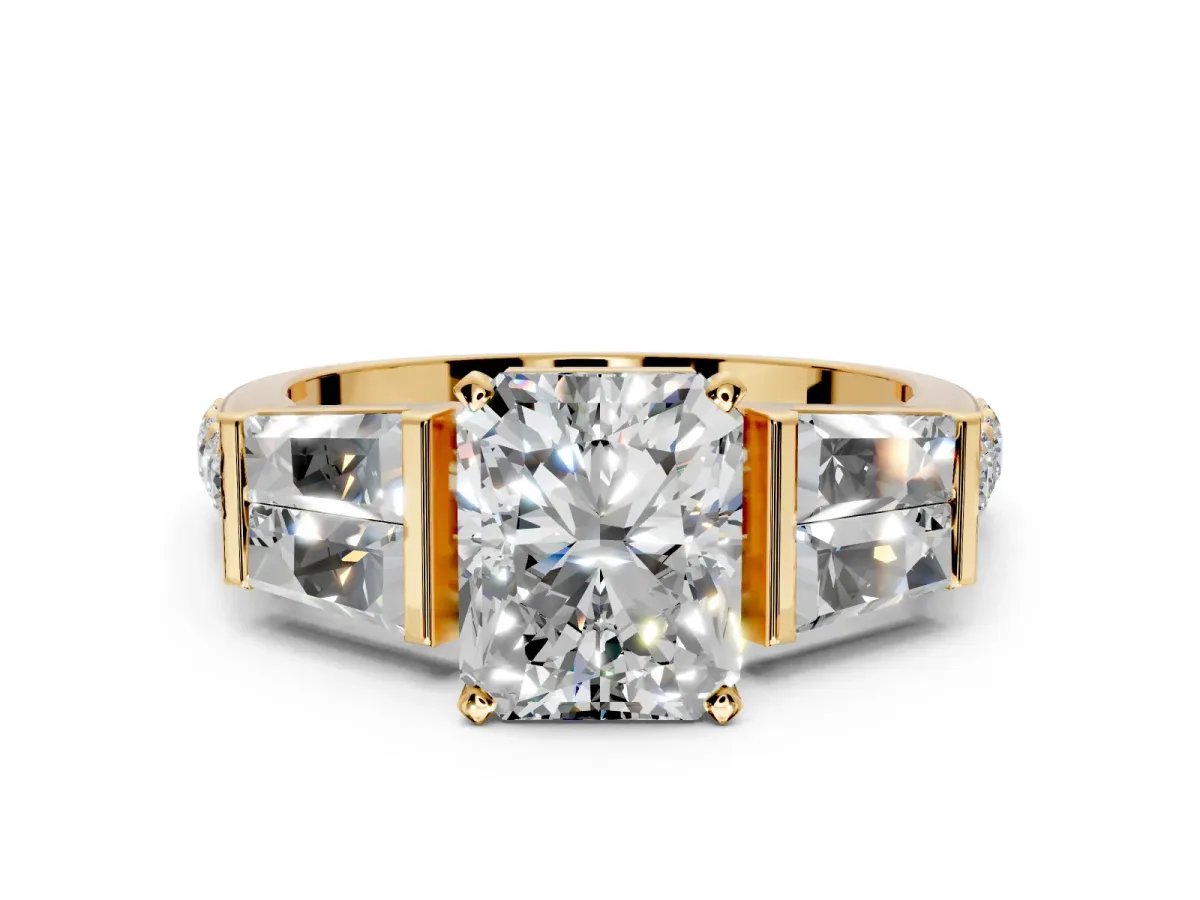 Channel-Set Engagement Ring Setting for Radiant Cut Center with Baguette Band and Prong Head in Yellow Gold