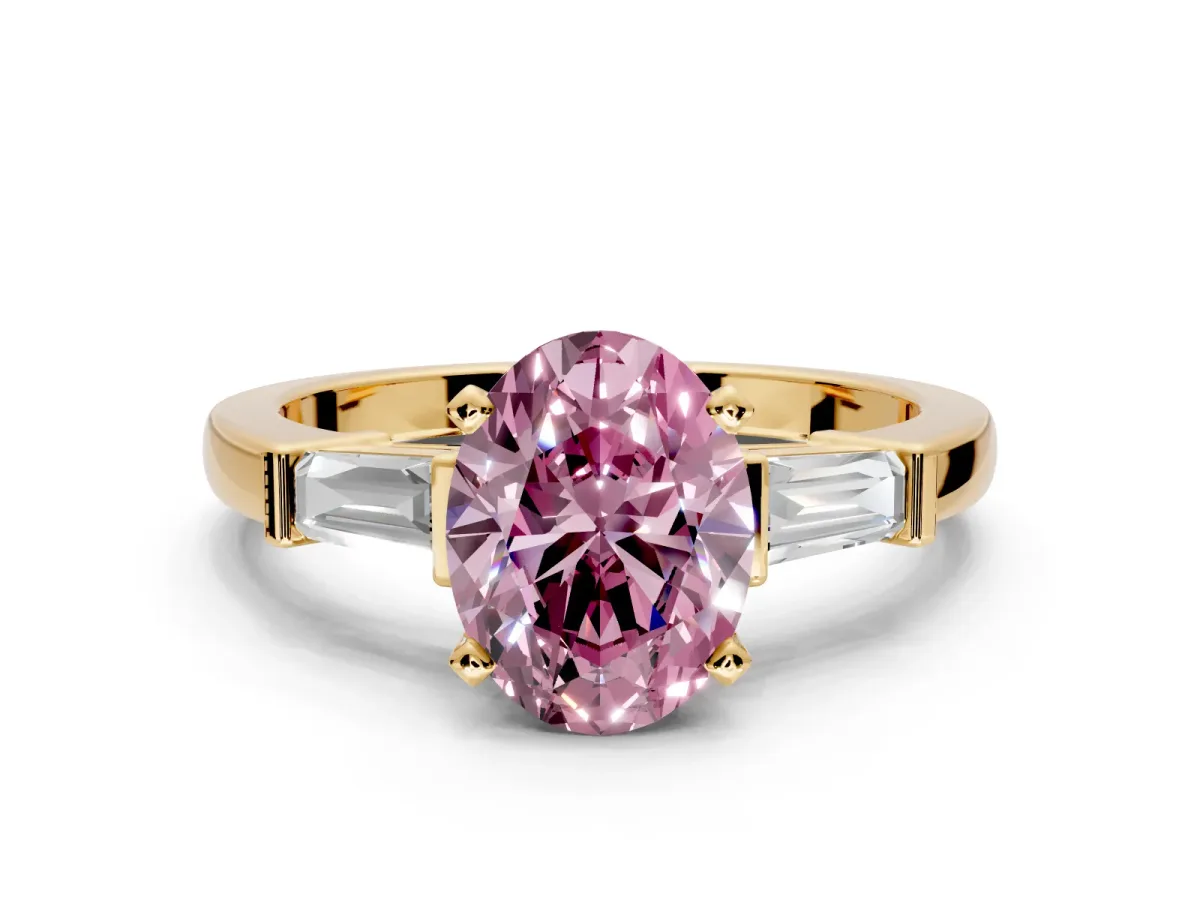 3 Stone Engagement Ring Setting for Fancy Pink Oval Center with Channel Baguette Accents and Prong Head in Yellow Gold