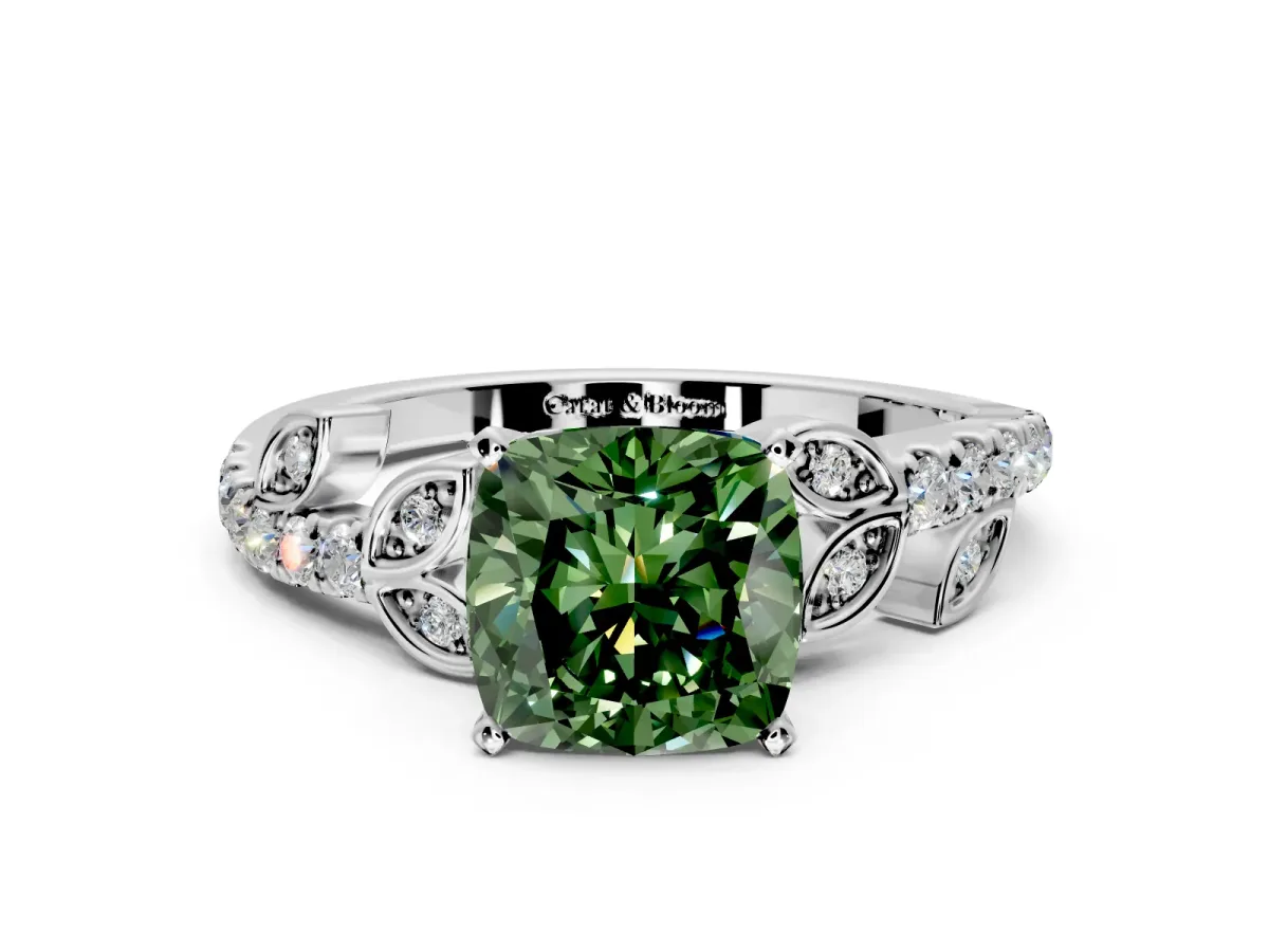 Leaf Motif Engagement Ring Setting for Fancy Green Cushion Cut Center with Pave Band and Prong Head in Platinum
