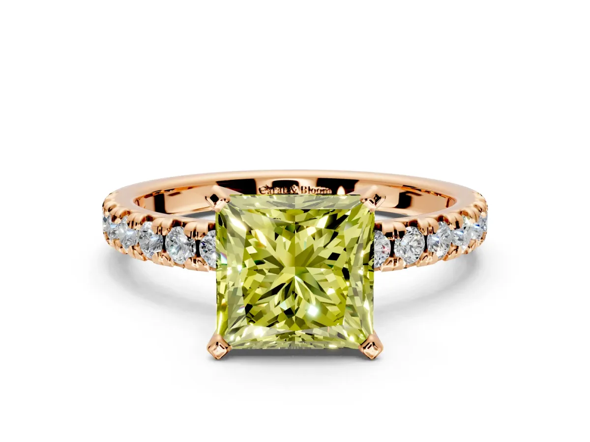 Solitaire Engagement Ring Setting for Fancy Yellow Princess Cut Center with Large Accents and Prong Head in Rose Gold