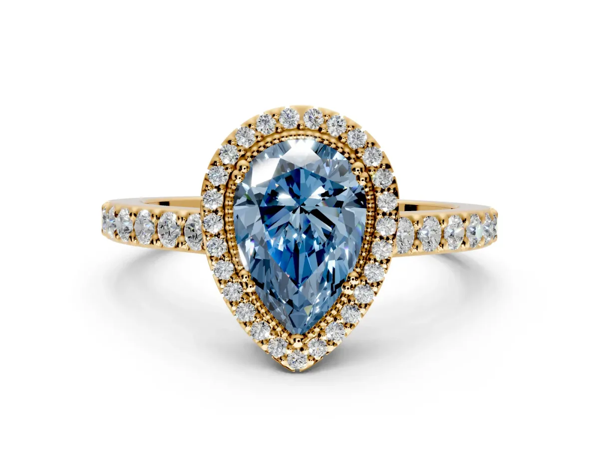 Halo Engagement Ring Setting for Fancy Blue Pear-Shaped Center with Inner Milgrain Border and Prong Head in Yellow Gold