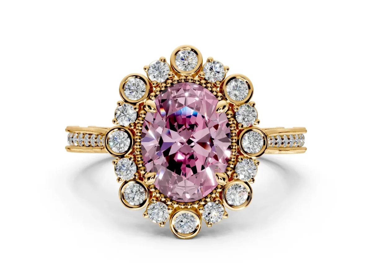 Milgrain Halo Engagement Ring Setting for Fancy Pink Oval Center with Bezel Point Accents and Prong Head in Yellow Gold