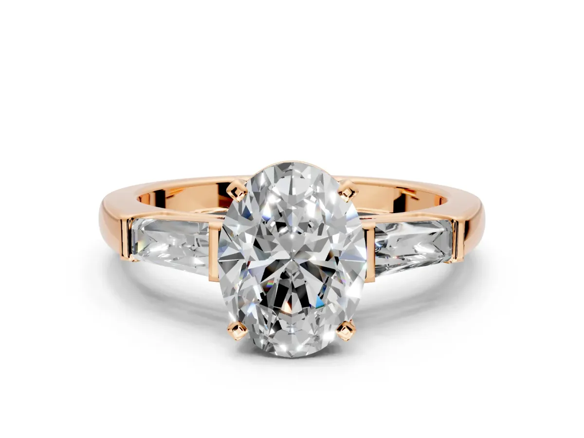 3 Stone Engagement Ring Setting for Oval Center with Tapered Baguettes, Plain Band and Prong Head in Rose Gold