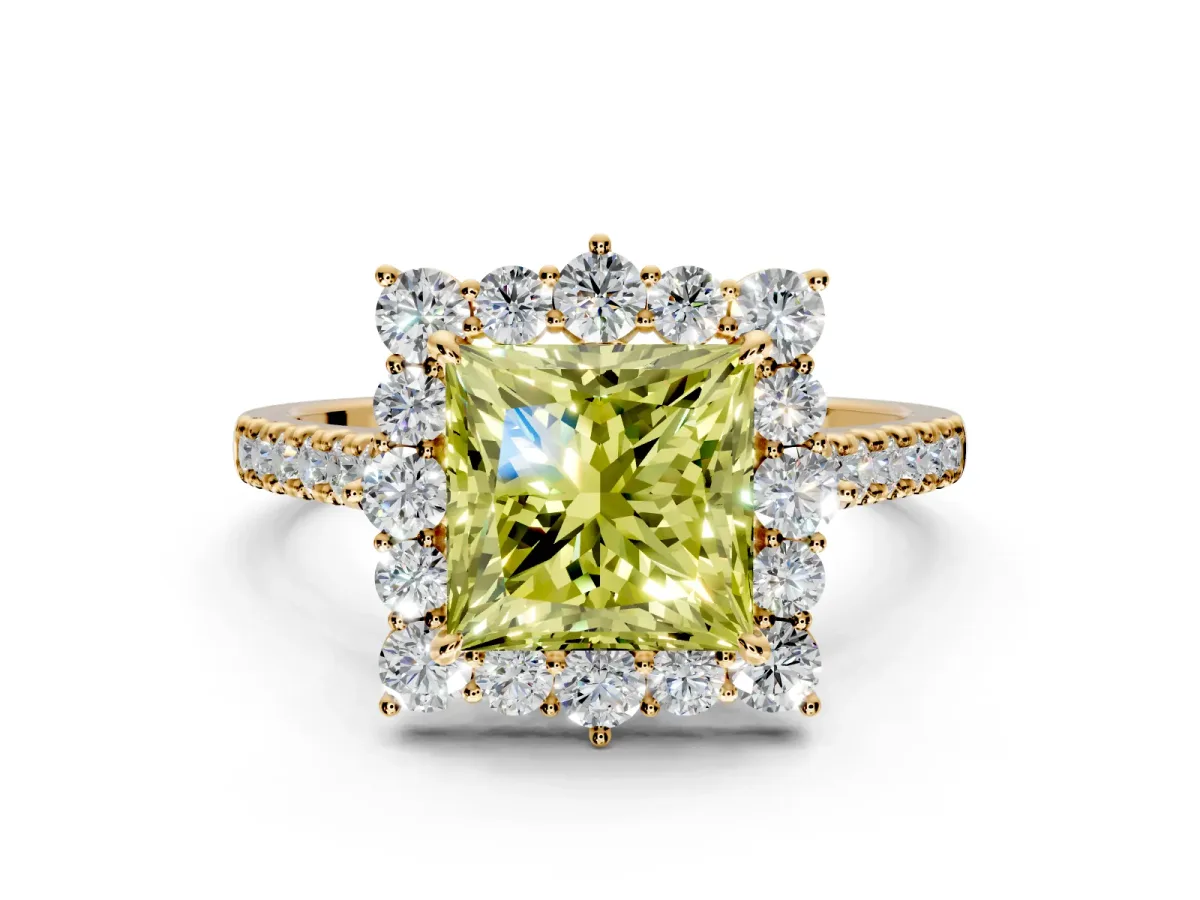 Halo Engagement Ring Setting for Fancy Yellow Princess Cut Center with Single-Row Pave, Open Basket and Prong Head in Yellow Gold