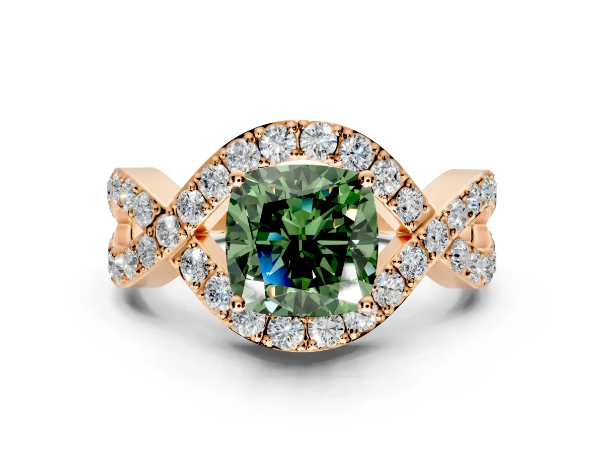 Halo Engagement Ring Setting for Fancy Green Cushion Cut Center with Pave Infinity Twist Band and Prong Head in Rose Gold