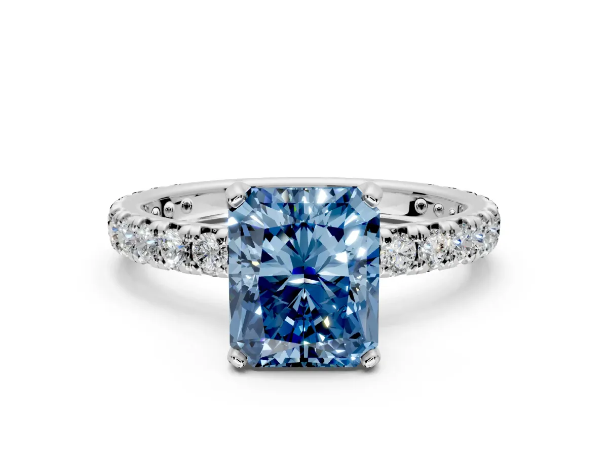 Solitaire Engagement Ring Setting for Fancy Blue Radiant Cut Center with Shared-Prong Accents and Prong Head in Platinum