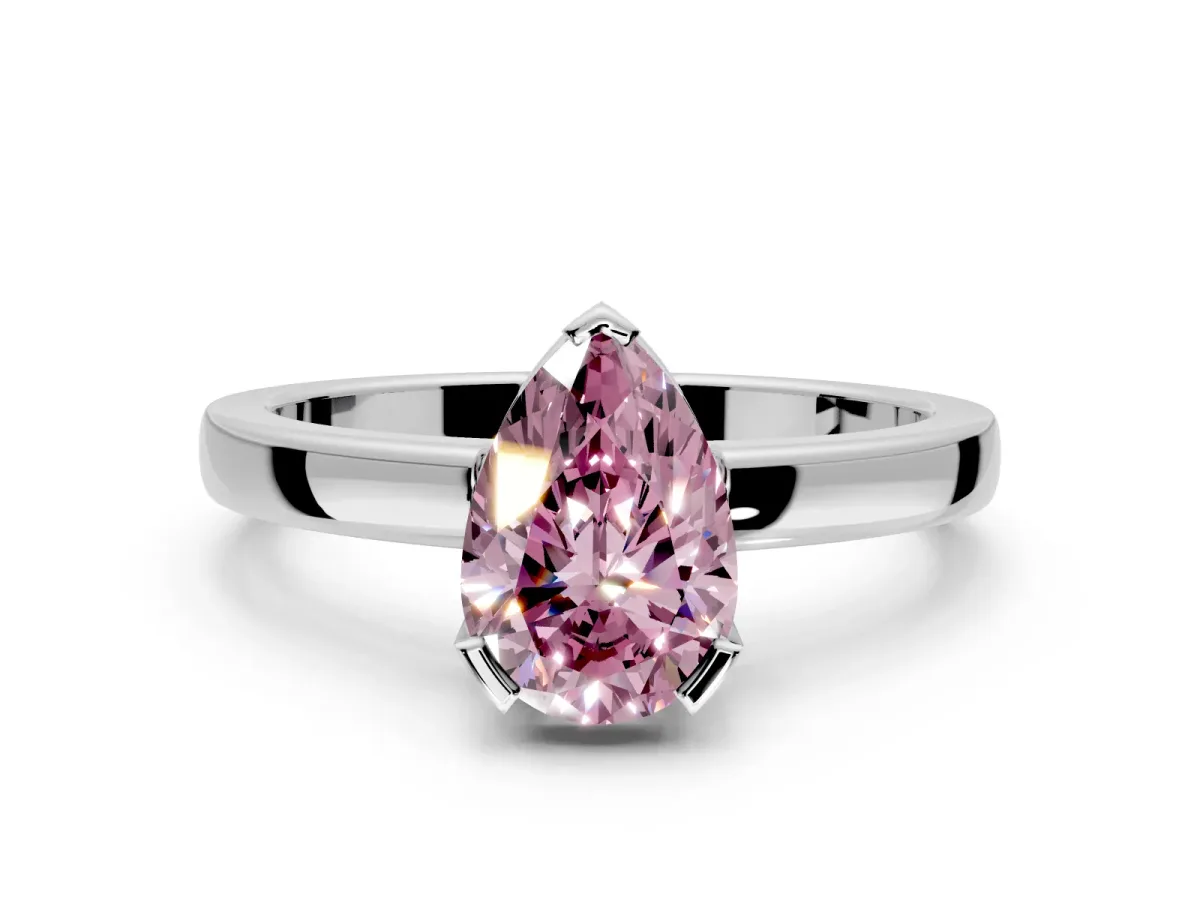 Solitaire Engagement Ring Setting for Fancy Pink Pear-Shaped Center with Plain Band and Flat Tab Prong Head in White Gold