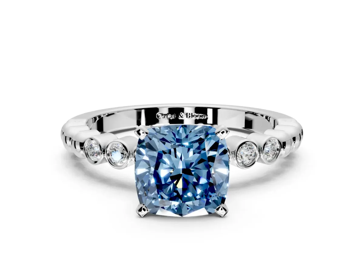 Solitaire Engagement Ring Setting for Fancy Blue Cushion Cut Center with Bezel-Dot Beaded Band and Prong Head in Platinum