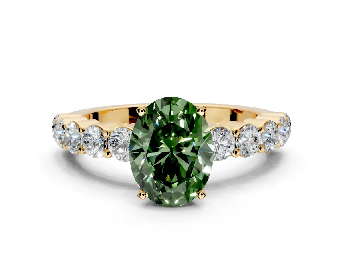 Shared-Prong Engagement Ring Setting for Fancy Green Oval Center with Graduated Accents and Prong Head in Yellow Gold