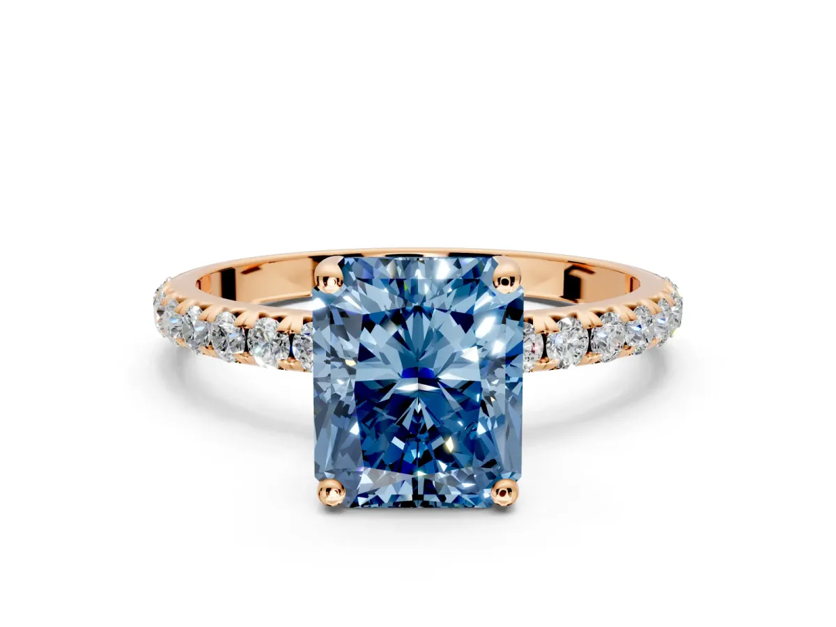 Solitaire Engagement Ring Setting for Fancy Blue Radiant Cut Center with Micro Pave Band and Prong Head in Rose Gold