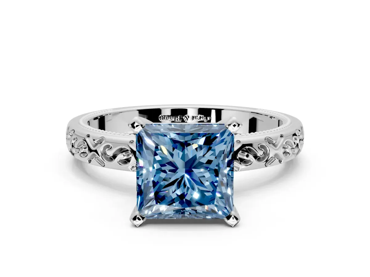 Solitaire Engagement Ring Setting for Fancy Blue Princess Cut Center with Scrollwork Band and Prong Head in Sterling Silver