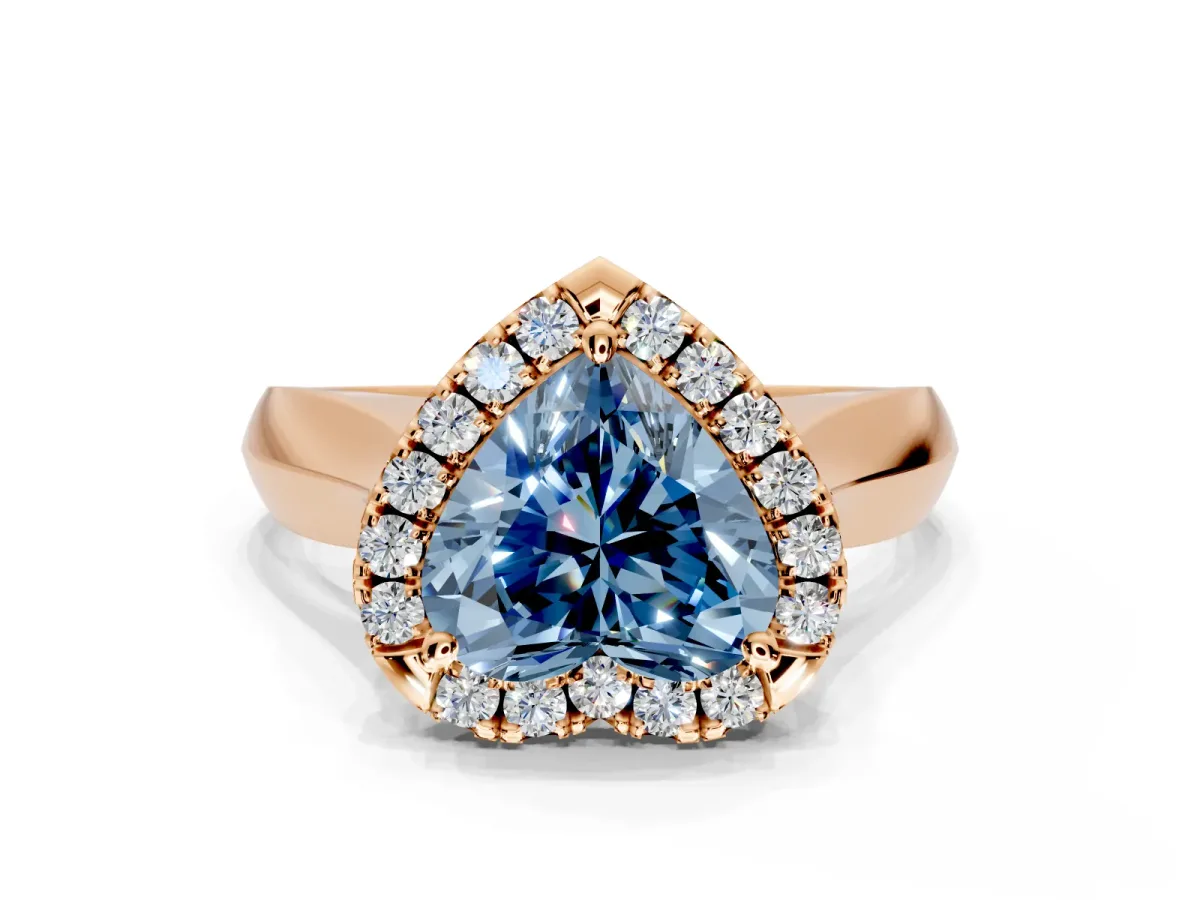 Halo Engagement Ring Setting for Fancy Blue Heart-Shaped Center with Square Band and Prong Head in Rose Gold