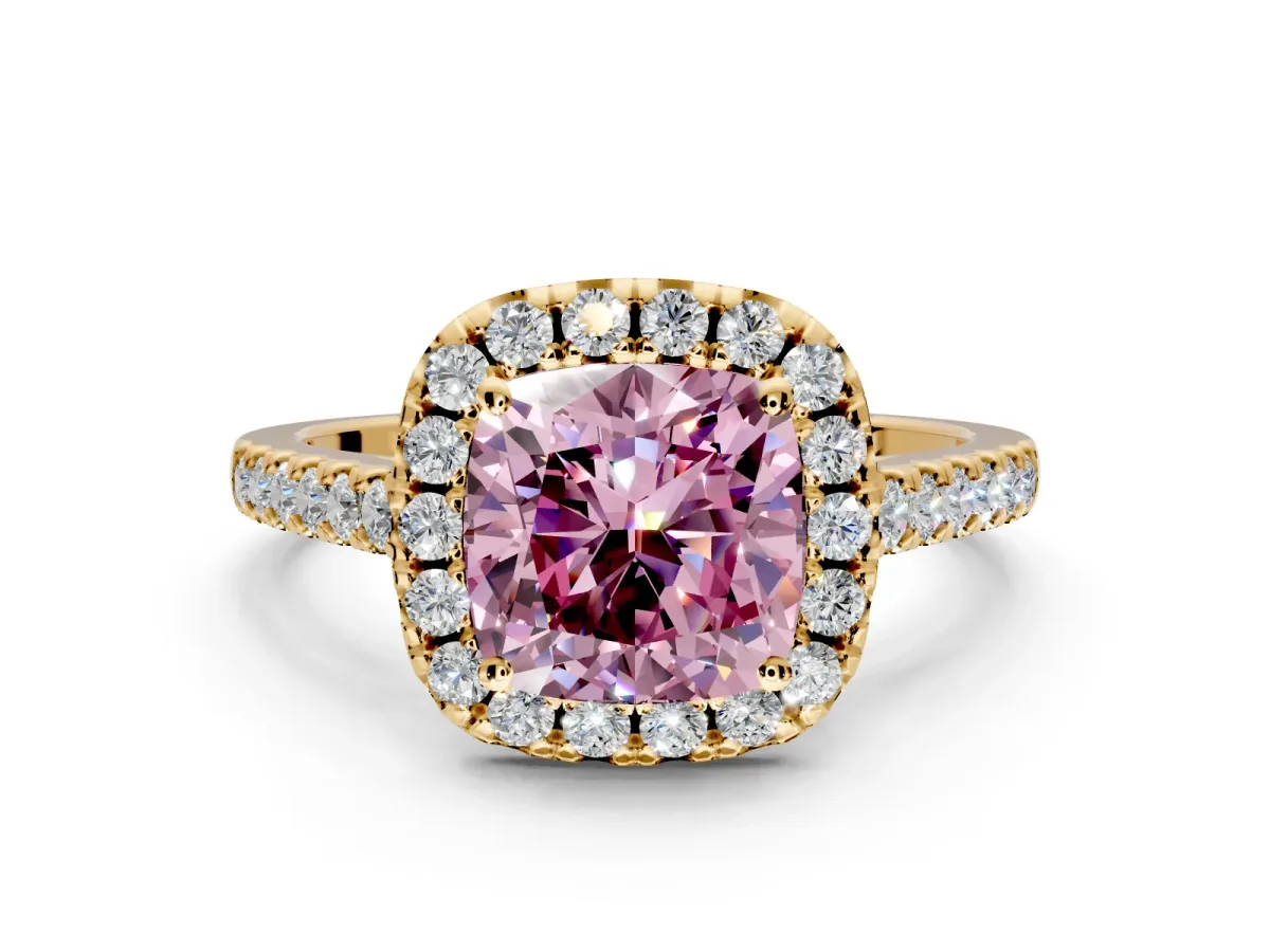 Halo Engagement Ring Setting for Fancy Pink Cushion Cut Center with Raised Halo, Pave Band and Prong Head in Yellow Gold