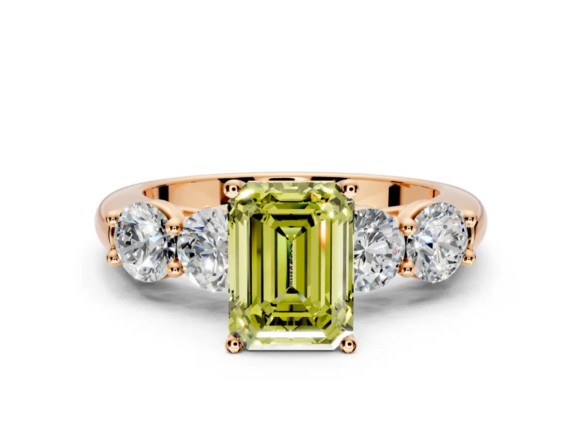 5 Stone Engagement Ring Setting for Fancy Yellow Emerald Cut Center with Graduated Accents and Prong Head in Rose Gold
