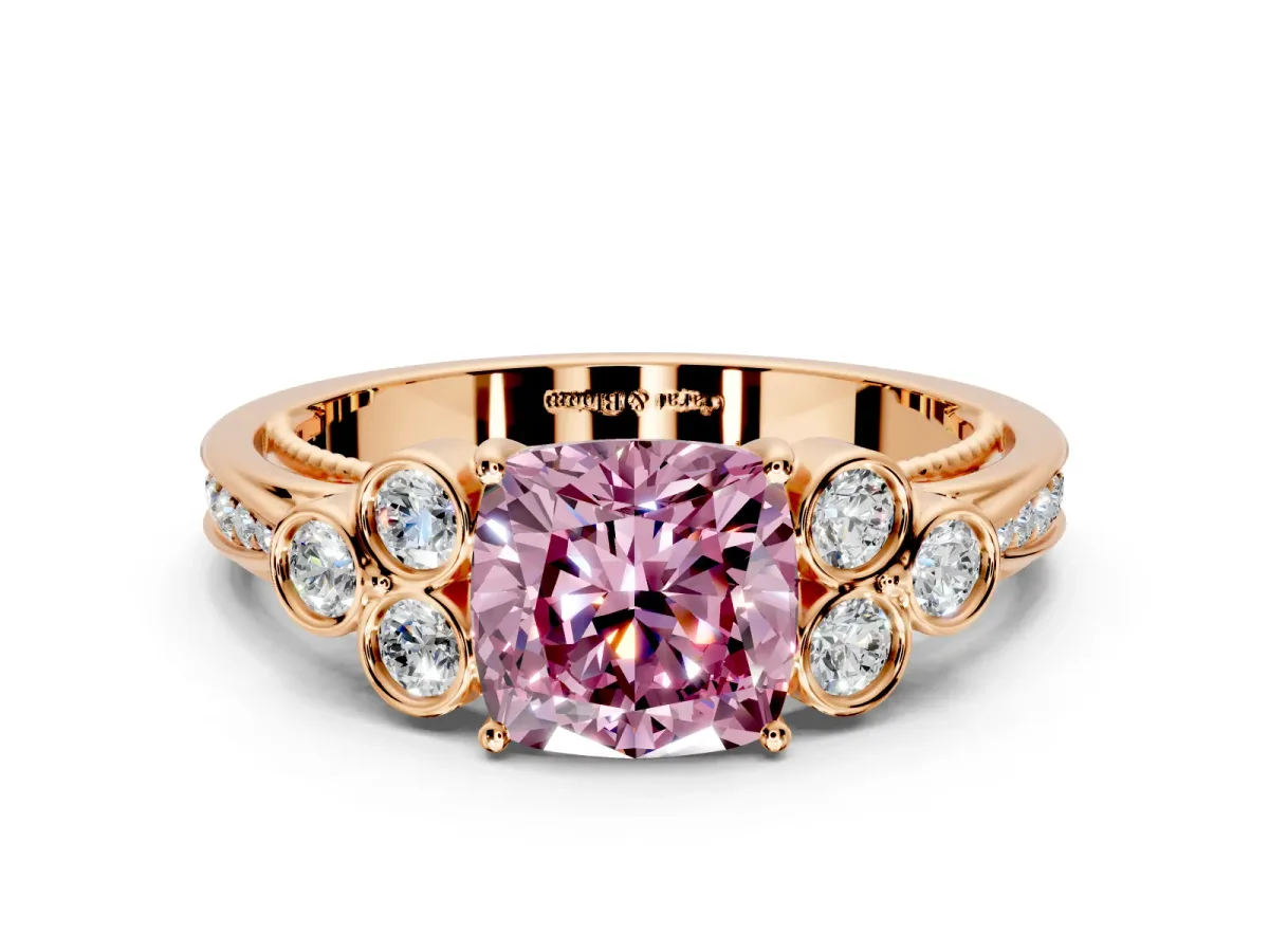 Cluster Engagement Ring Setting for Fancy Pink Cushion Cut Center with Bezel Accent Clusters and Prong Head in Rose Gold