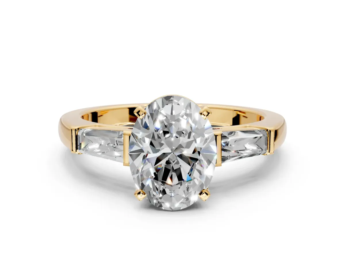 3 Stone Engagement Ring Setting for Oval Center with Tapered Baguettes, Plain Band and Prong Head in Yellow Gold