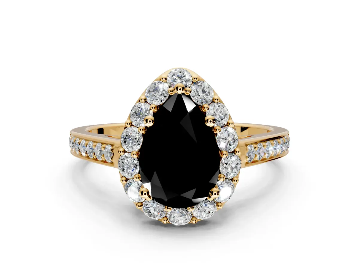 Floral Halo Engagement Ring Setting for Fancy Black Pear-Shaped Center with Large Halo Accents and Prong Head in Yellow Gold