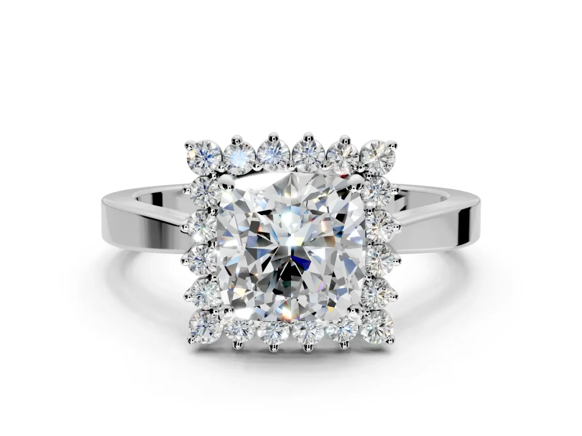 Starburst Halo Engagement Ring Setting for Cushion Cut Center with Flat Cathedral Band and Prong Head in Platinum