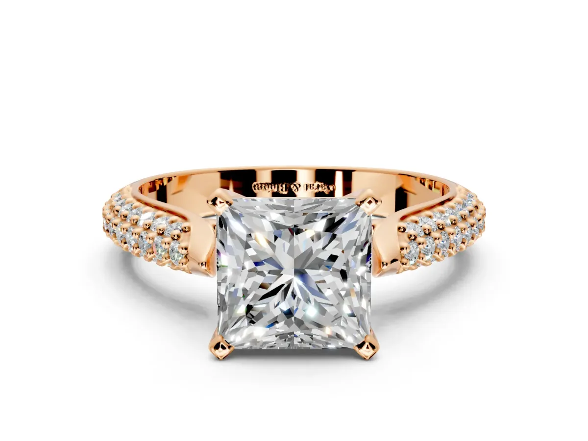 Solitaire Engagement Ring Setting for Princess Cut Center with Multi-Row Accents and Prong Head in Rose Gold