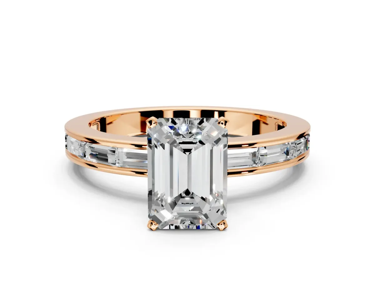Solitaire Engagement Ring Setting for Emerald Cut Center with Channel Baguette Band and Prong Head in Rose Gold