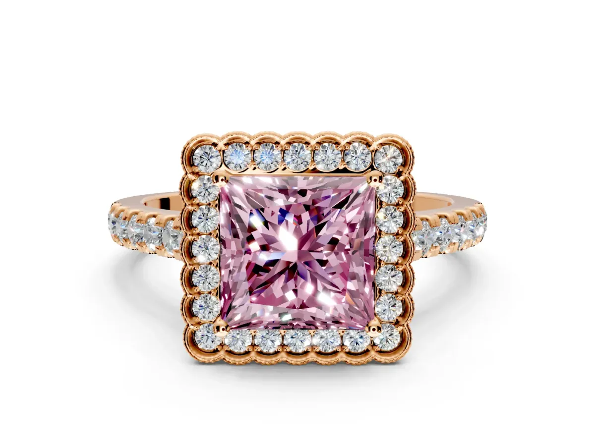Milgrain Floral Halo Engagement Ring Setting for Fancy Pink Princess Cut Center with Pave Band and Prong Head in Rose Gold