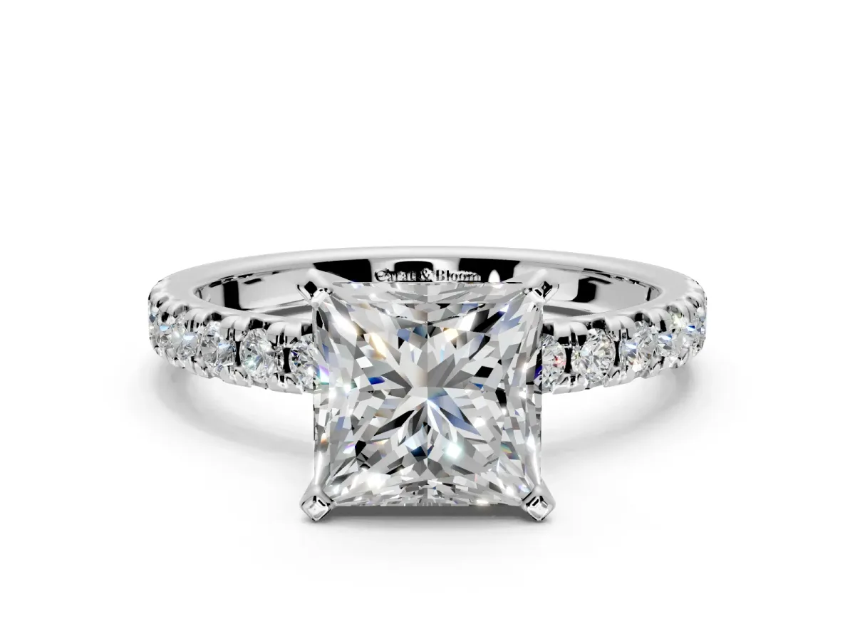 Solitaire Engagement Ring Setting for Princess Cut Center with Large Accents and Prong Head in Platinum